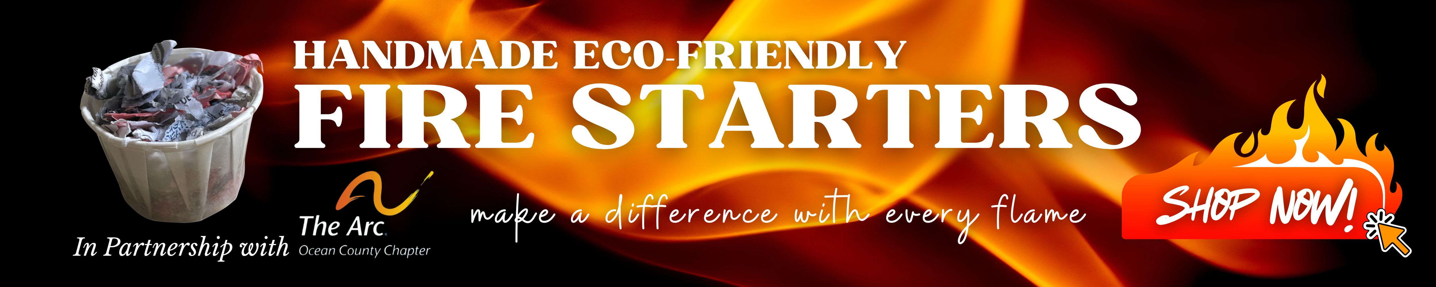 Banner showing handmade fire starters in partnership with Arc of Ocean. Shop now!